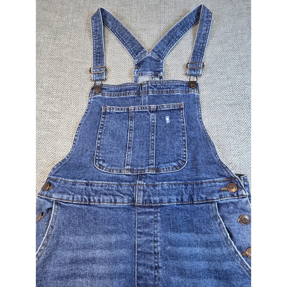 No Boundaries Women Distressed Denim Short Overall Medium Wash Blue Size L 11-13